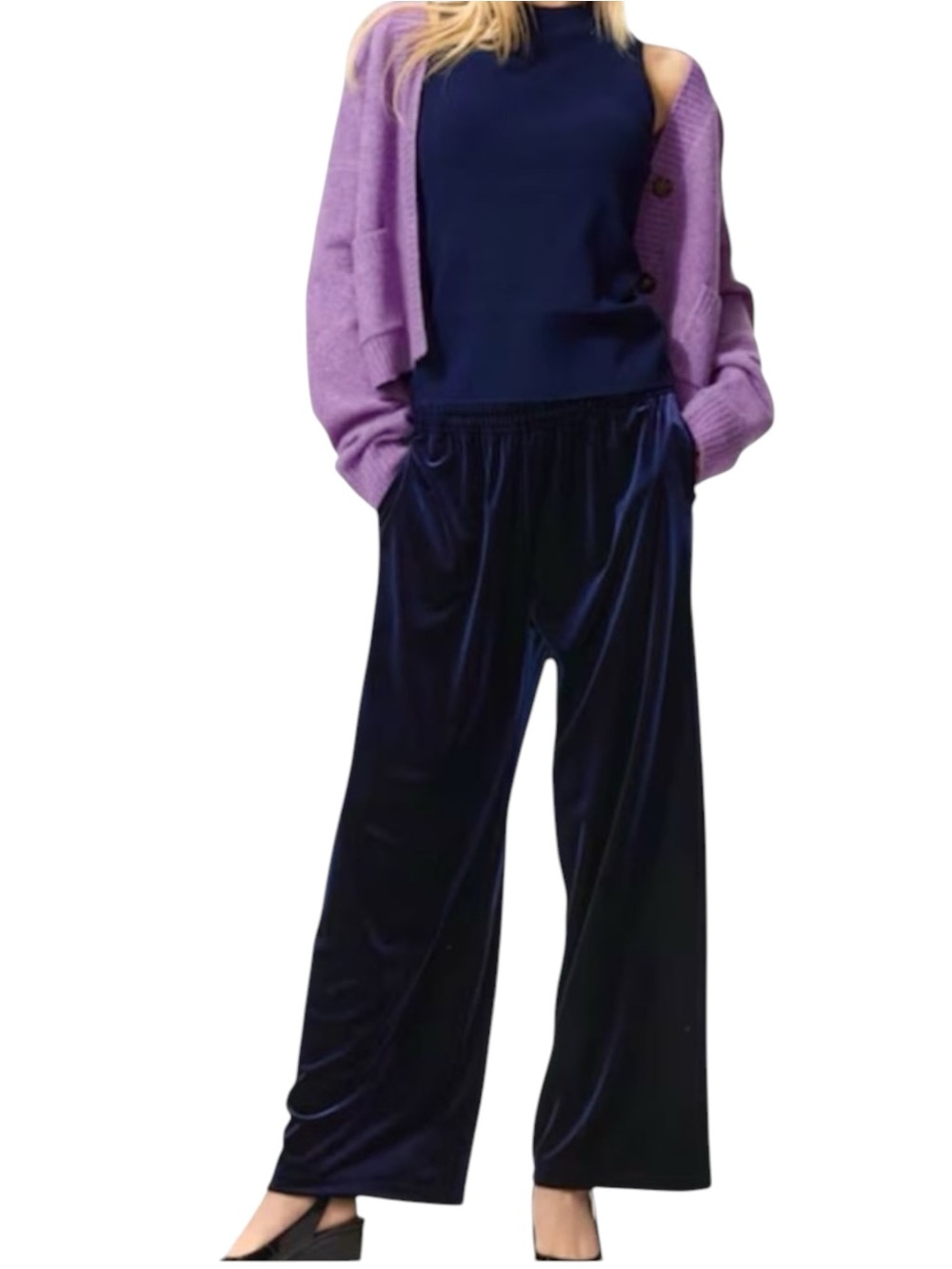 Lands End Navy Velvet Straight Leg Pants Size L Comfy LoungeWear